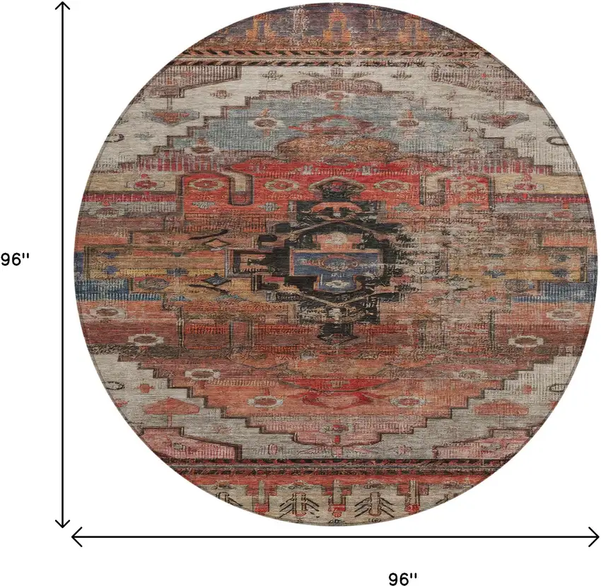 8' Rust Ivory And Gray Round Tribal Washable Indoor Outdoor Area Rug Photo 9