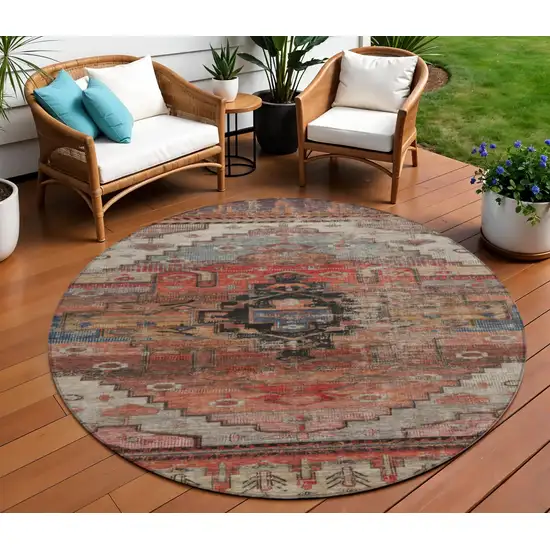 8' Rust Ivory And Gray Round Tribal Washable Indoor Outdoor Area Rug Photo 2