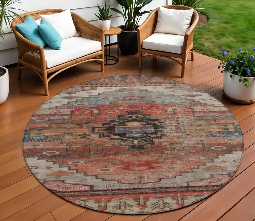 8' Rust Ivory And Gray Round Tribal Washable Indoor Outdoor Area Rug Photo 2