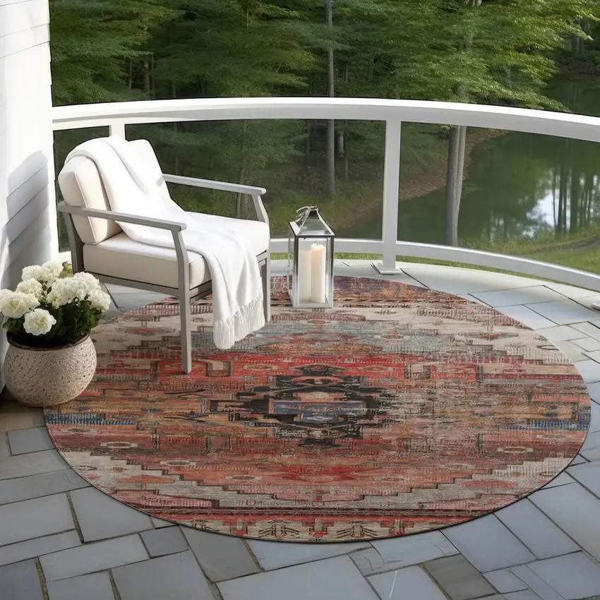 8' Rust Ivory And Gray Round Tribal Washable Indoor Outdoor Area Rug Photo 6