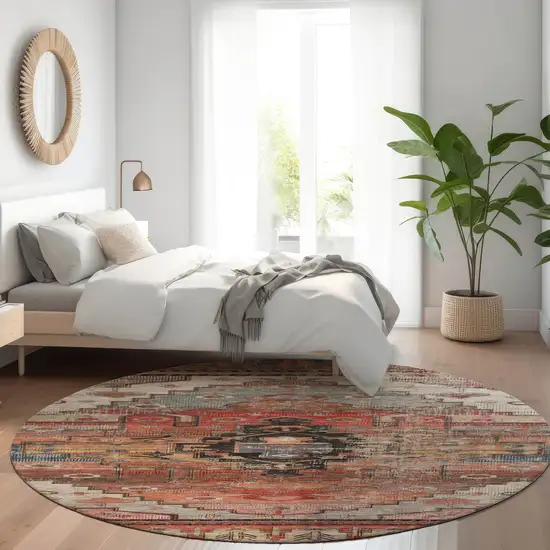 8' Rust Ivory And Gray Round Tribal Washable Indoor Outdoor Area Rug Photo 7