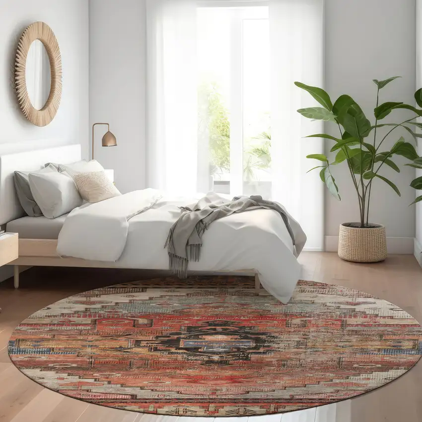 8' Rust Ivory And Gray Round Tribal Washable Indoor Outdoor Area Rug Photo 7