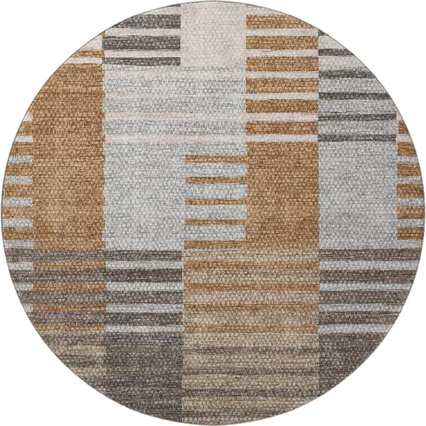 8' Rust Ivory And Gray Striped Washable Round Rug With UV Protection Photo 3