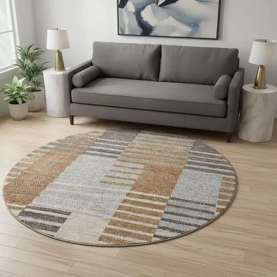 8' Rust Ivory And Gray Striped Washable Round Rug With UV Protection Photo 2