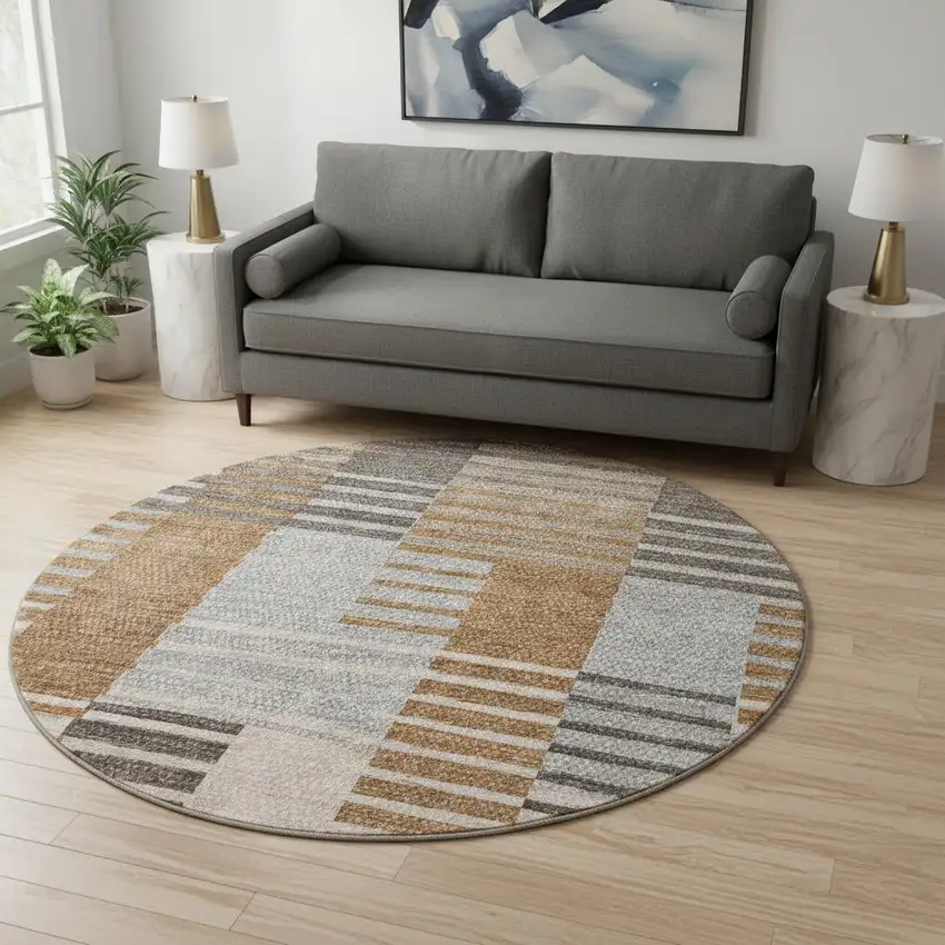 8' Rust Ivory And Gray Striped Washable Round Rug With UV Protection Photo 2