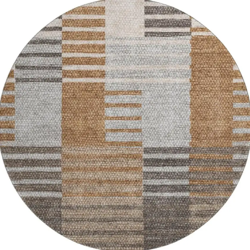 8' Rust Ivory And Gray Striped Washable Round Rug With UV Protection Photo 4