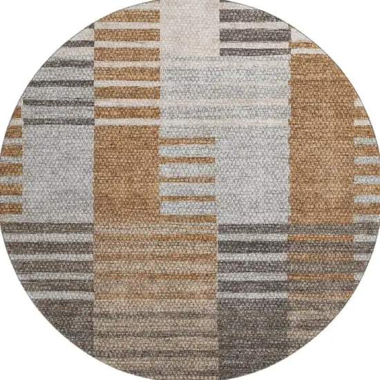 8' Rust Ivory And Gray Striped Washable Round Rug With UV Protection Photo 4