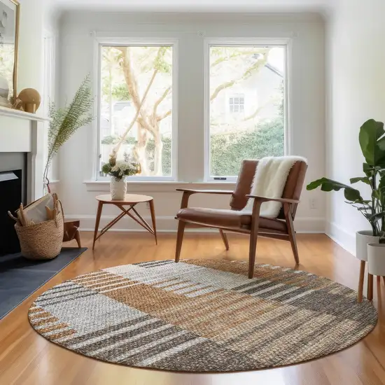 8' Rust Ivory And Gray Striped Washable Round Rug With UV Protection Photo 5