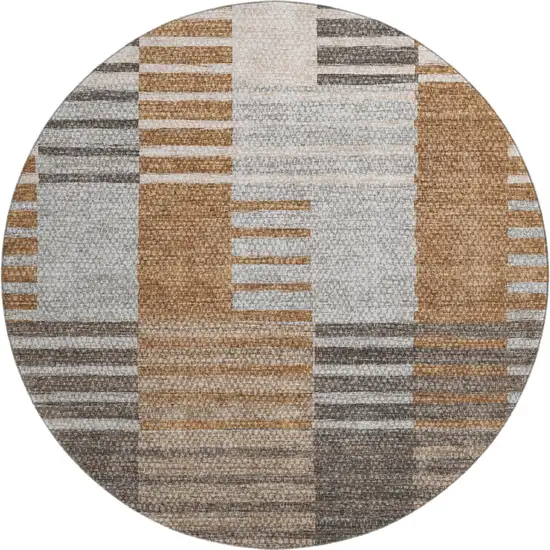 8' Rust Ivory And Gray Striped Washable Round Rug With UV Protection Photo 1