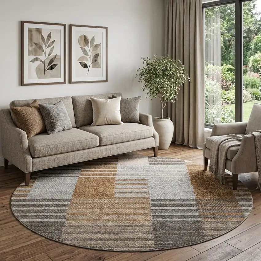 8' Rust Ivory And Gray Striped Washable Round Rug With UV Protection Photo 1