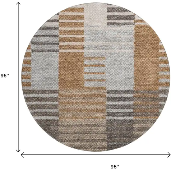 8' Rust Ivory And Gray Striped Washable Round Rug With UV Protection Photo 6