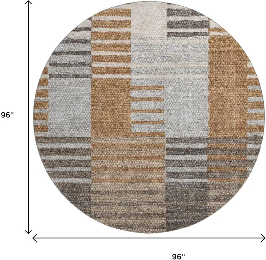 8' Rust Ivory And Gray Striped Washable Round Rug With UV Protection Photo 6