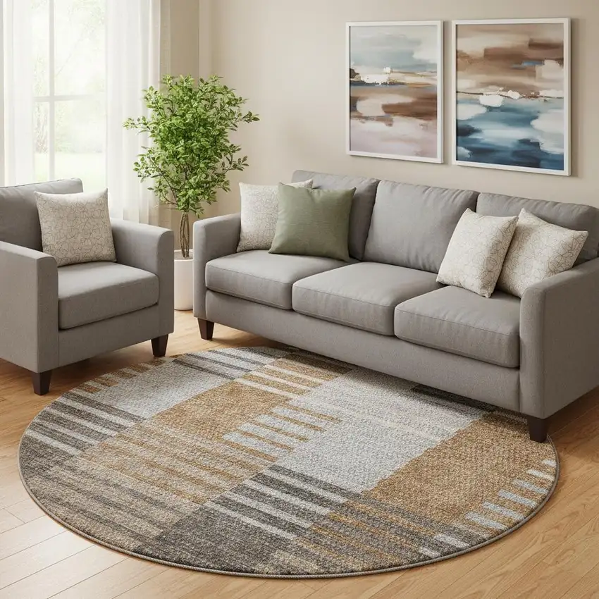 8' Rust Ivory And Gray Striped Washable Round Rug With UV Protection Photo 1