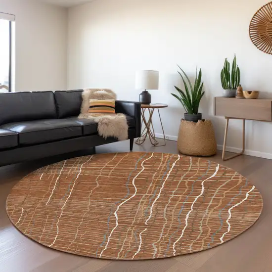 8' Rust Ivory And Gray Striped Washable Round Rug With UV Protection Photo 4