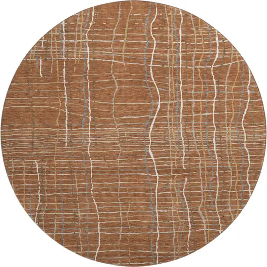 8' Rust Ivory And Gray Striped Washable Round Rug With UV Protection Photo 1
