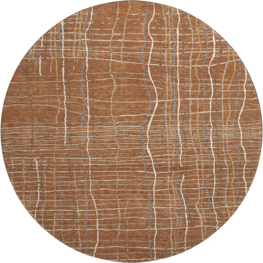 8' Rust Ivory And Gray Striped Washable Round Rug With UV Protection Photo 1