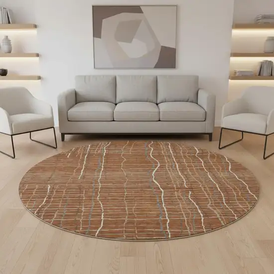 8' Rust Ivory And Gray Striped Washable Round Rug With UV Protection Photo 2