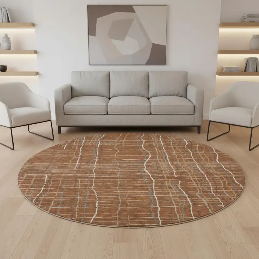 8' Rust Ivory And Gray Striped Washable Round Rug With UV Protection Photo 2