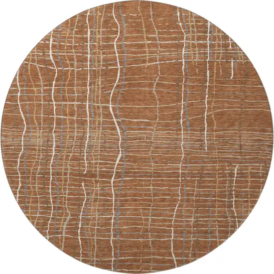 8' Rust Ivory And Gray Striped Washable Round Rug With UV Protection Photo 3