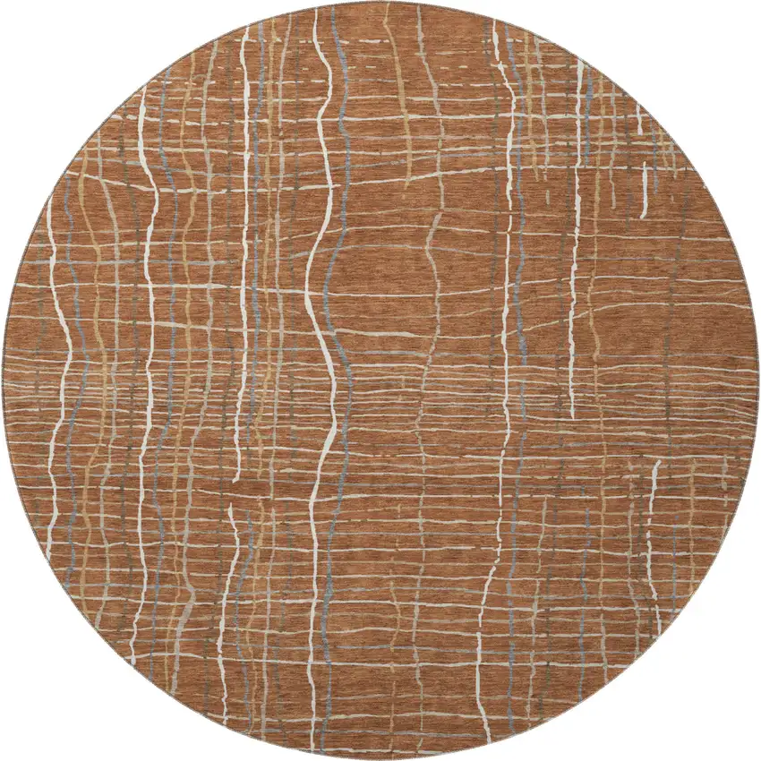 8' Rust Ivory And Gray Striped Washable Round Rug With UV Protection Photo 3