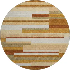 Photo of 8' Rust Ivory And Taupe Striped Washable Round Rug With UV Protection