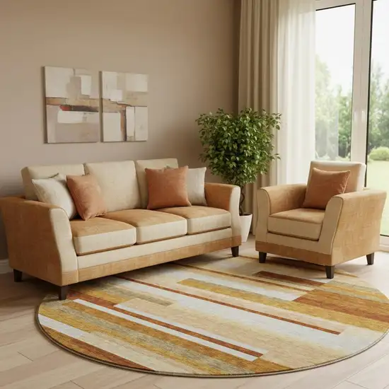 8' Rust Ivory And Taupe Striped Washable Round Rug With UV Protection Photo 1