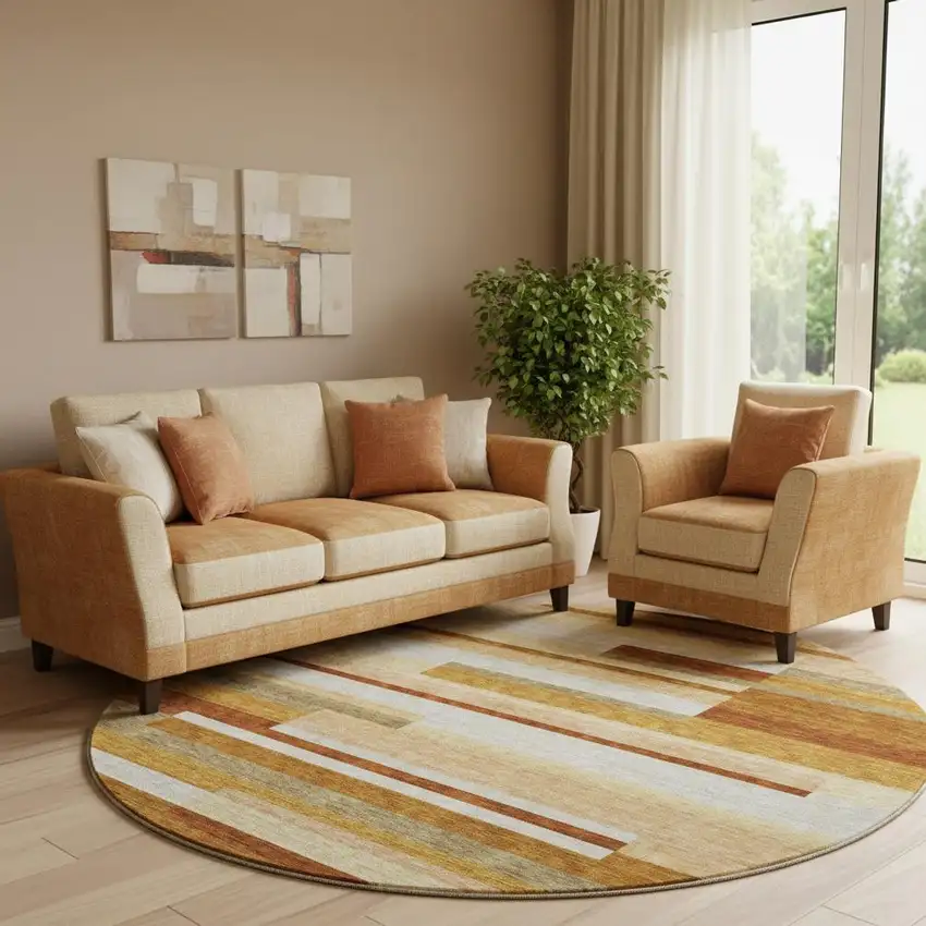 8' Rust Ivory And Taupe Striped Washable Round Rug With UV Protection Photo 1