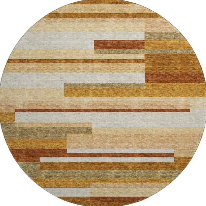 8' Rust Ivory And Taupe Striped Washable Round Rug With UV Protection Photo 4