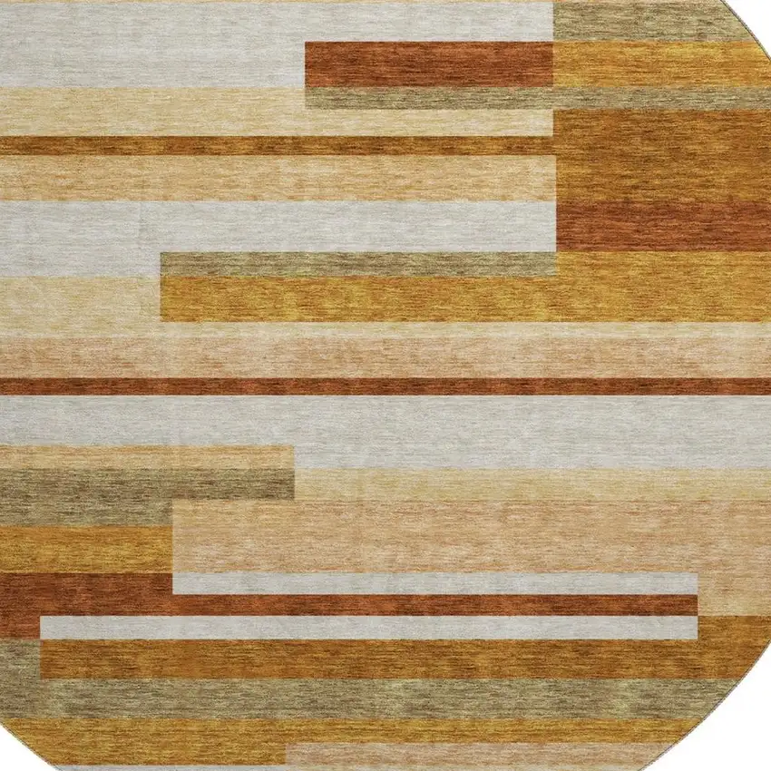 8' Rust Ivory And Taupe Striped Washable Round Rug With UV Protection Photo 3