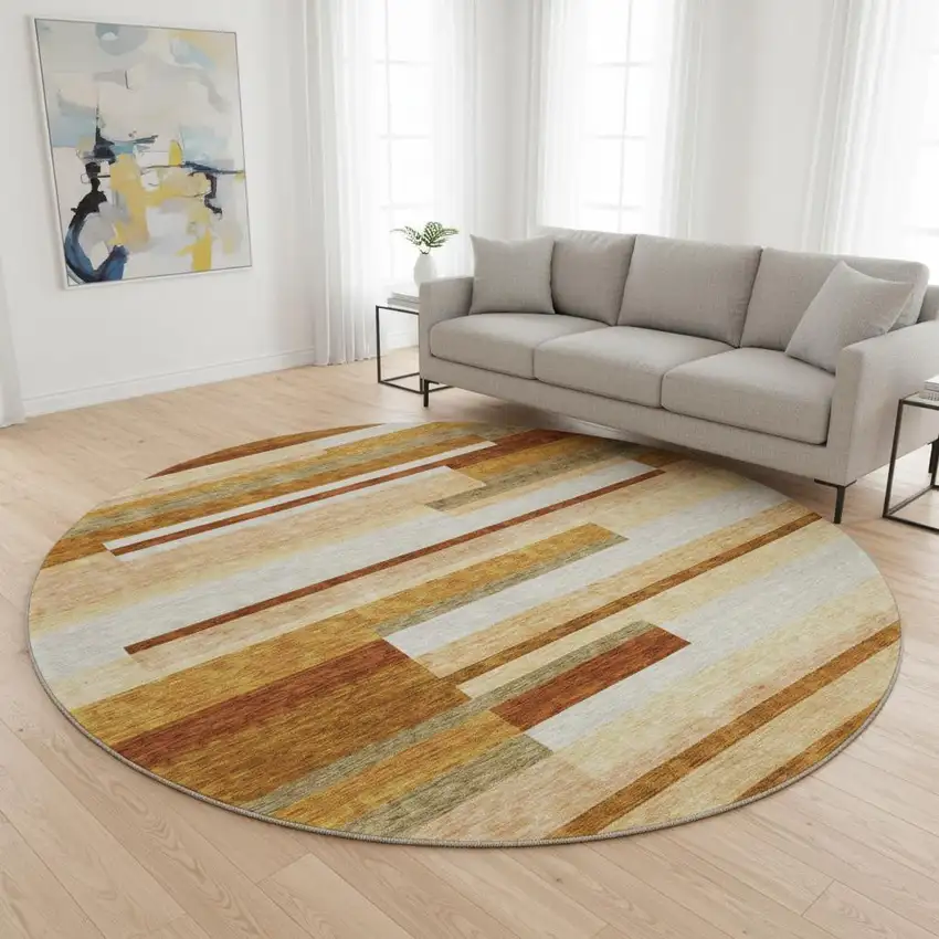 8' Rust Ivory And Taupe Striped Washable Round Rug With UV Protection Photo 2