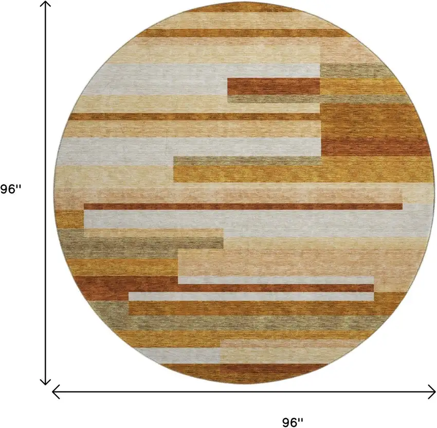 8' Rust Ivory And Taupe Striped Washable Round Rug With UV Protection Photo 3