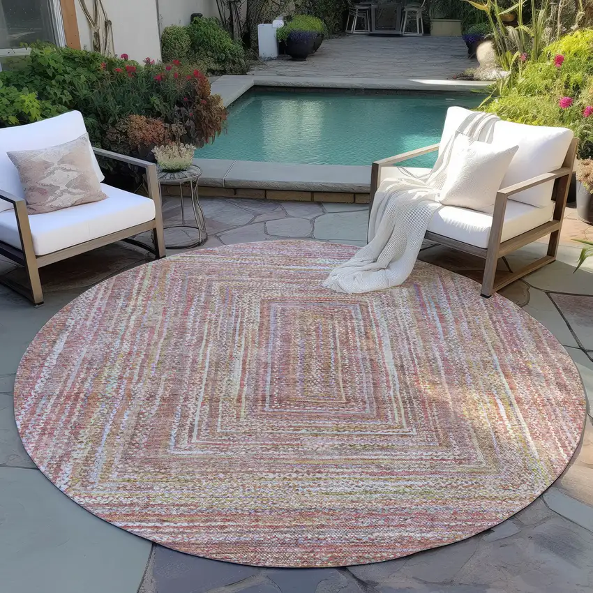 8' Rust Mauve And Coral Round Geometric Washable Indoor Outdoor Area Rug Photo 5