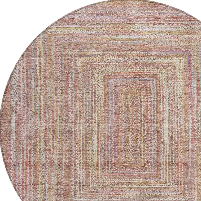 8' Rust Mauve And Coral Round Geometric Washable Indoor Outdoor Area Rug Photo 4