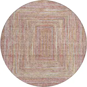 Photo of 8' Rust Mauve And Coral Round Geometric Washable Indoor Outdoor Area Rug