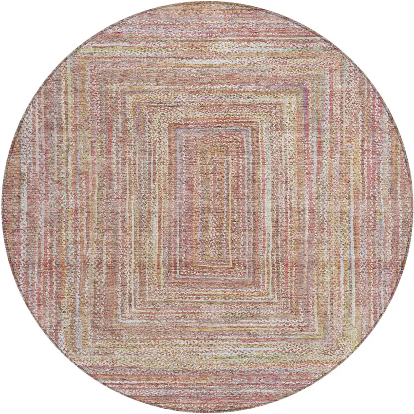 8' Rust Mauve And Coral Round Geometric Washable Indoor Outdoor Area Rug Photo 1