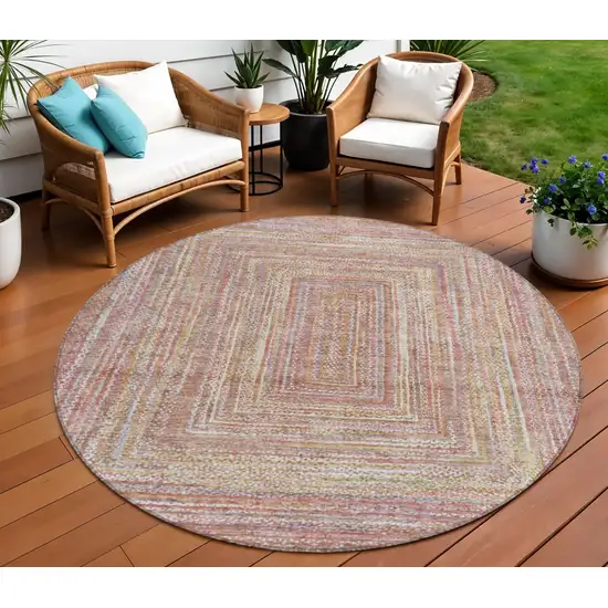 8' Rust Mauve And Coral Round Geometric Washable Indoor Outdoor Area Rug Photo 2