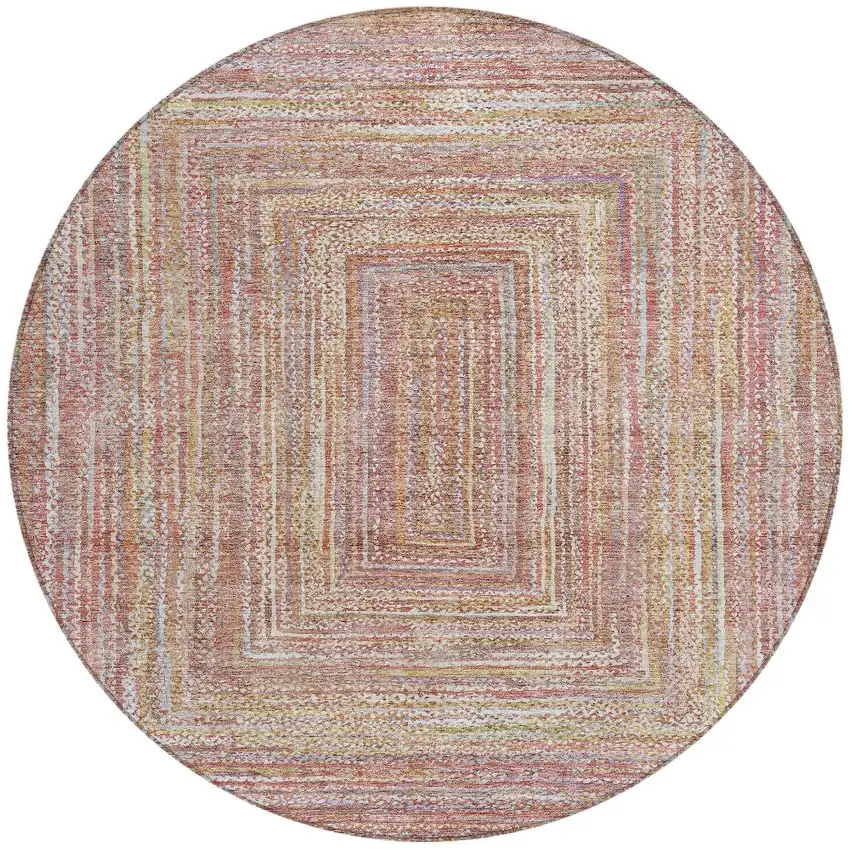 8' Rust Mauve And Coral Round Geometric Washable Indoor Outdoor Area Rug Photo 3