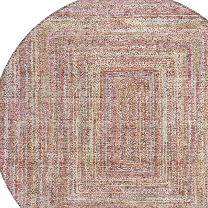 8' Rust Mauve And Coral Round Geometric Washable Indoor Outdoor Area Rug Photo 8