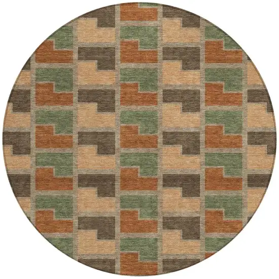8' Rust Olive Green And Brown Round Geometric Washable Indoor Outdoor Area Rug Photo 3