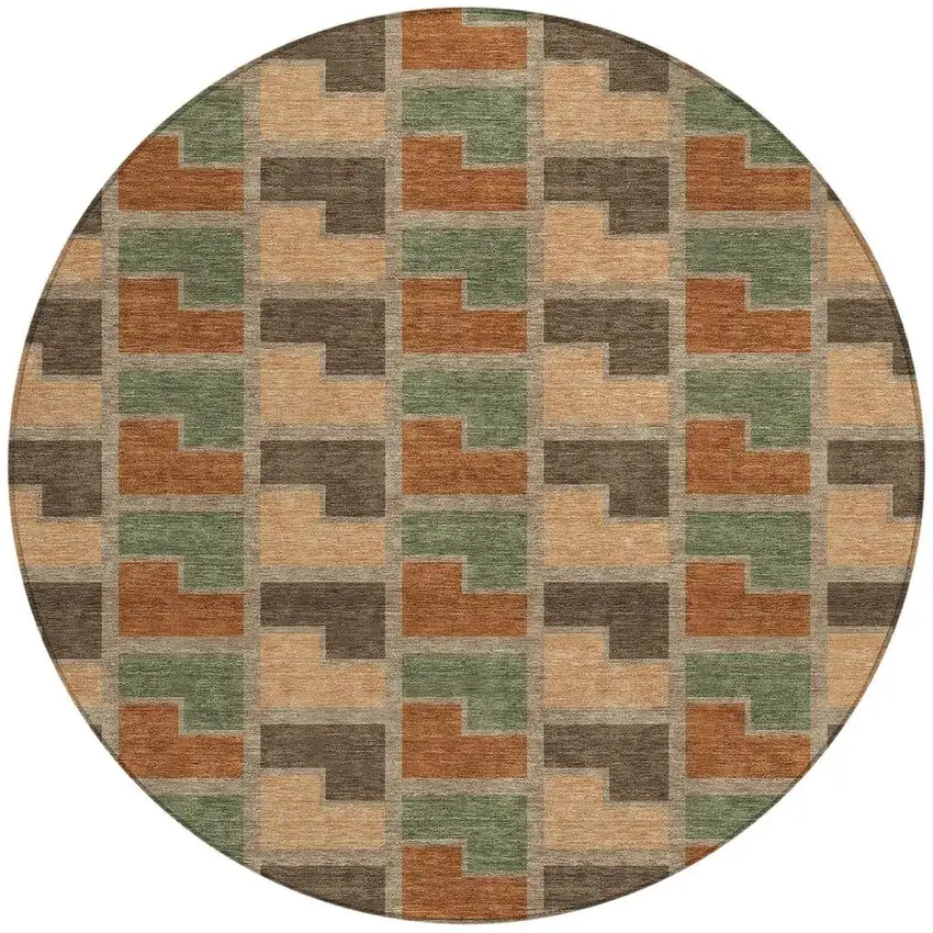 8' Rust Olive Green And Brown Round Geometric Washable Indoor Outdoor Area Rug Photo 3