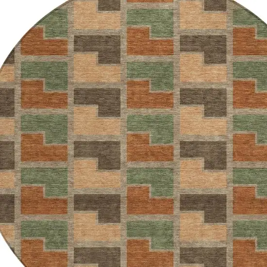 8' Rust Olive Green And Brown Round Geometric Washable Indoor Outdoor Area Rug Photo 2
