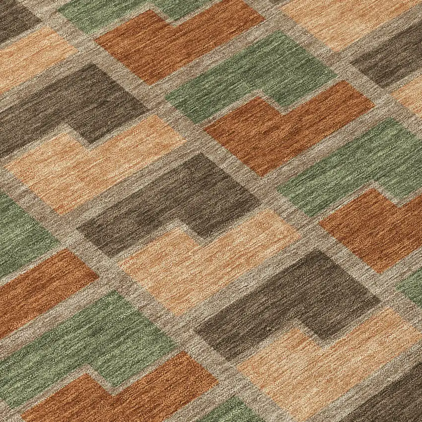 8' Rust Olive Green And Brown Round Geometric Washable Indoor Outdoor Area Rug Photo 9