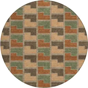 Photo of 8' Rust Olive Green And Brown Round Geometric Washable Indoor Outdoor Area Rug
