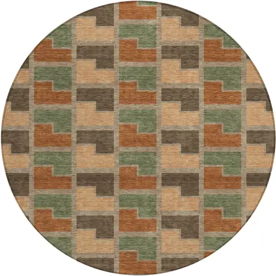 8' Rust Olive Green And Brown Round Geometric Washable Indoor Outdoor Area Rug Photo 1