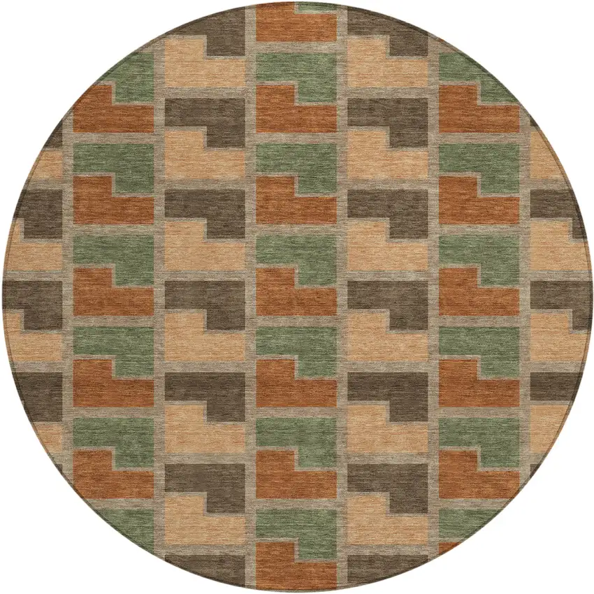 8' Rust Olive Green And Brown Round Geometric Washable Indoor Outdoor Area Rug Photo 1