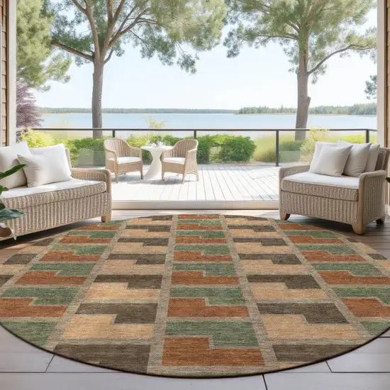 8' Rust Olive Green And Brown Round Geometric Washable Indoor Outdoor Area Rug Photo 4