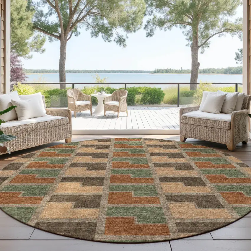 8' Rust Olive Green And Brown Round Geometric Washable Indoor Outdoor Area Rug Photo 4