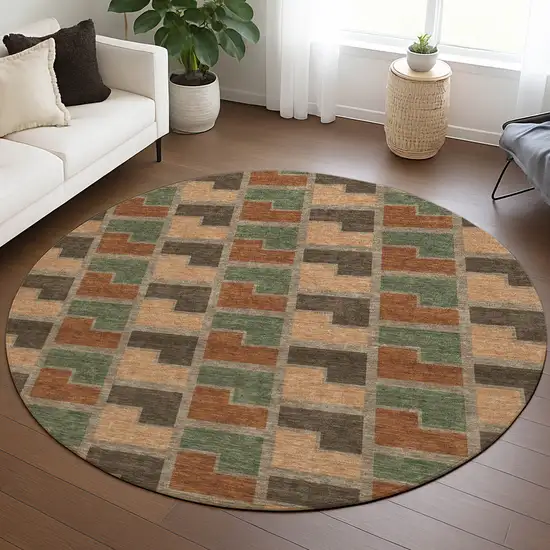 8' Rust Olive Green And Brown Round Geometric Washable Indoor Outdoor Area Rug Photo 5