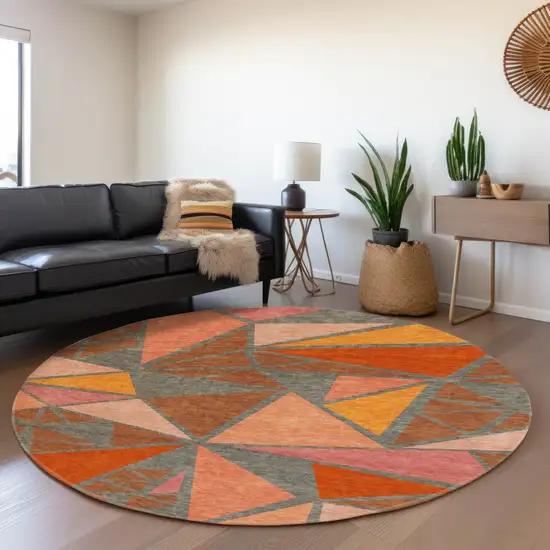 8' Rust Orange And Salmon Geometric Washable Round Rug With UV Protection Photo 4