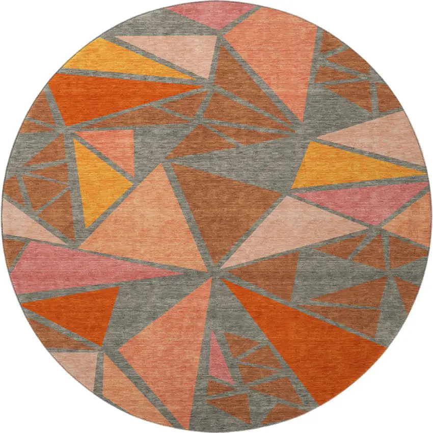 8' Rust Orange And Salmon Geometric Washable Round Rug With UV Protection Photo 3